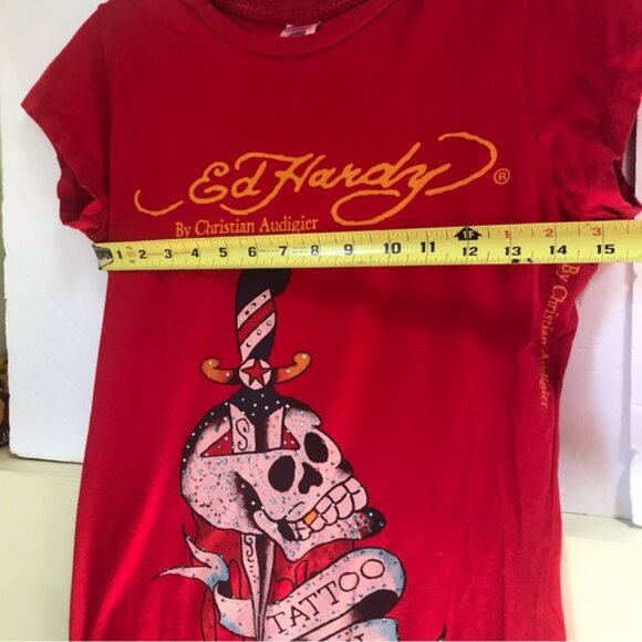 Ed Hardy Vintage Y2K Scull Tattoo Graphic Top T Shirt Fitted Logo Cotton Red L - Picture 13 of 16